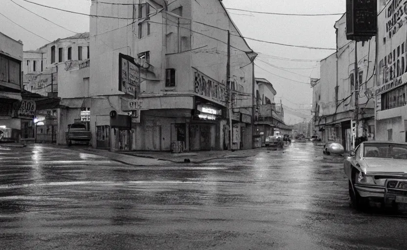 Prompt: 70s movie still of a soviet street from Sarajevo with cars and pedestrian , Cinestill 800t 18mm black and white, heavy grainy picture, very detailed, high quality, 4k panoramic, cinematic, neon billboards at night, rain, mud