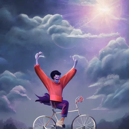 Prompt: centered detailed full body character concept of a happy man flying in the sky on his bicycle in the clouds, realistic character concept, vibrant colours, elegant pose, fantasy, illustration, slender symmetrical face and body, artstation, cinematic lighting, hyperdetailed, cgsociety, 8k Resolution, high resolution, Charlie Bowater, Tom Bagshaw, Tom Richmond, insanely detailed and intricate, beautiful, elegant, golden ratio, royal insignia in background