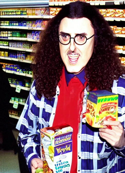 Image similar to weird al yankovic in a grocery store circa 1 9 9 7, ultra realistic