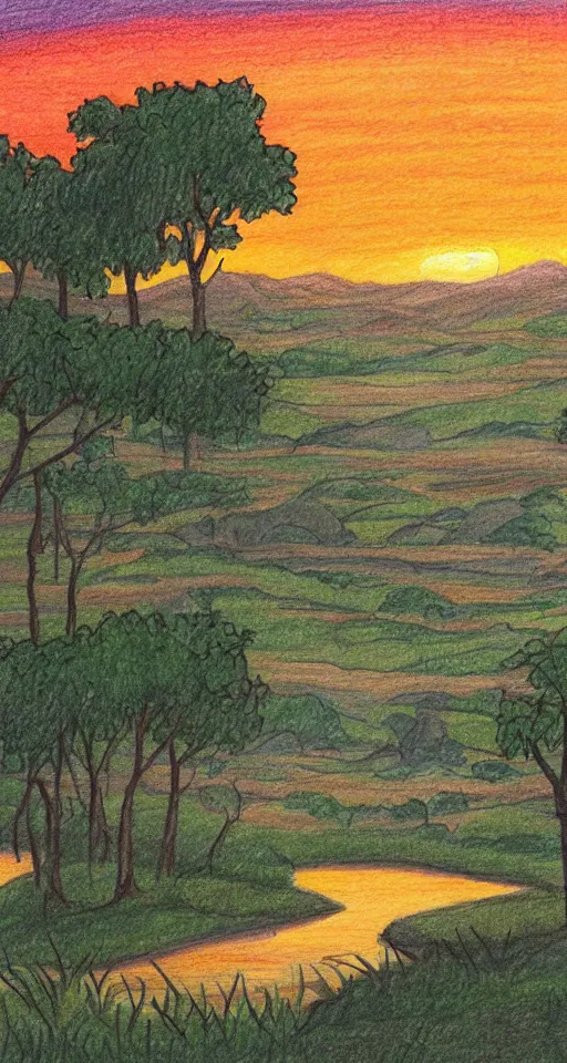 Prompt: battle field in drawing style, sunset with river in far away