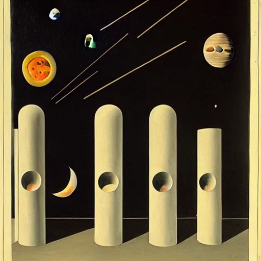 Image similar to a parade of disconnected images : obscure corners of nameless interiors, astronomical diagrams projecting the distances between celestial bodies, a painting by giorgio de chirico, a list of unpopular anagrams.