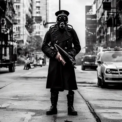 Prompt: a trenchcoat soldier wearing a gasmask and officer hat, standing on street corner, gritty, noir s- 150