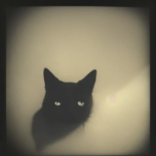 Prompt: black cloudy shadow in a cat shape, cuddly fur, blurry, mystical, misty, dreamy, shadow polaroid photo