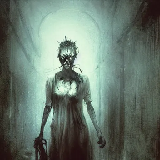 Prompt: A terrifyingly beautiful demonic nurse inside a psychiatric ward, silent hill atmosphere, Christopher Shy, Ben Templesmith and Dave Rapoza style, rusty, rotten 768