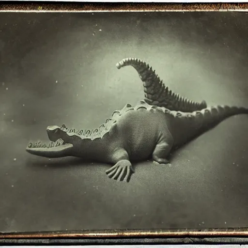 Image similar to tintype photo, underwater, dinosaur swimming