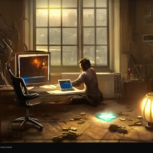 Image similar to realistic rich man using laptop in gaming room, money on floor, artstation trends, sci fi concept art, highly detailed, intricate, sharp focus, digital art, 8 k