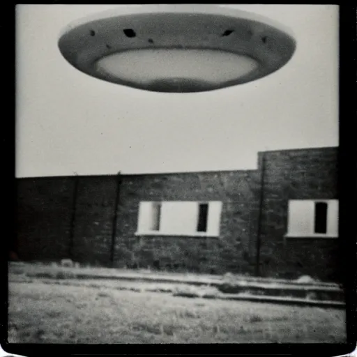 Prompt: old polaroid of one ufo flying above an abandoned hospital during world war 2, award winning, fallout, nuclear ashes, pictorialism, black and white, god rays