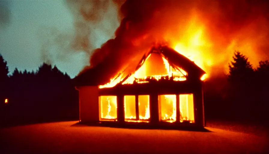 Prompt: 1 9 7 0 s movie still of a burning french style little house in a small northern french village by night in autumn, cinestill 8 0 0 t 3 5 mm, heavy grain, high quality, high detail, dramatic light, anamorphic, flares