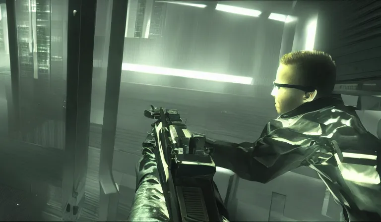 Image similar to Yung Lean in a cutscene from Deus Ex, 2000, screenshot