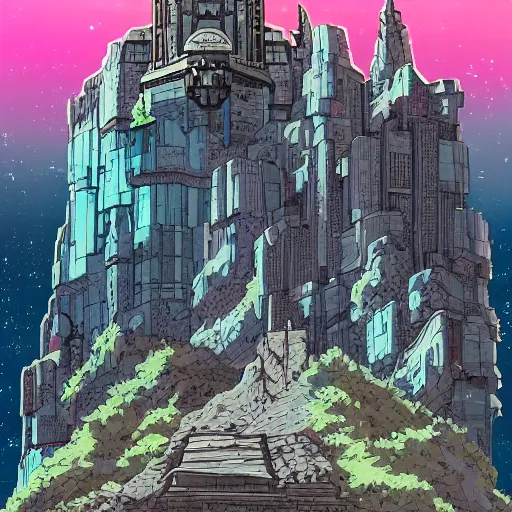 Prompt: stone castle in the style of cyberpunk ontop of a mountain, space sky, anime illustration,