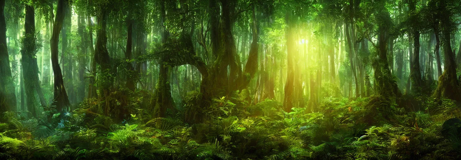 Image similar to a forest, plants glowing at night, wide shot, cinematic, ultra realistic, ultra detailed, in style of avatar movie