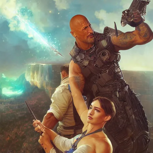 Image similar to Dwayne Johnson and Ryan Gosling Save the World, fantasy, intricate, elegant, highly detailed, digital painting, artstation, concept art, smooth, sharp focus, illustration, art by artgerm and greg rutkowski and alphonse mucha