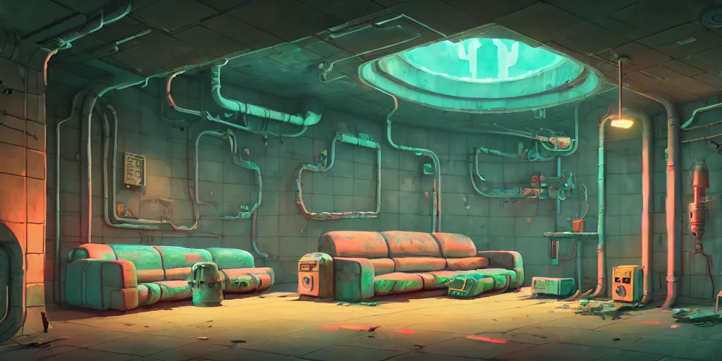 Image similar to sewer lair, detailed, artstation, 8 k, sci - fi, pastel colors, props, panel, concept, simon stalenhag, in watercolor gouache detailed paintings, moebius, blueprint, building, living room, detailed, posters, sofa