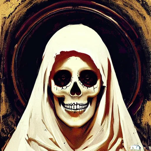 Image similar to painting of the virgin mary skull face by greg rutkowski and warhol and banksy and jc leyendecker