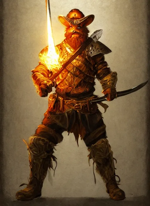 Image similar to photorealistic bugbear ranger holding sword on fire, magic, black beard, dungeons and dragons, pathfinder, roleplaying game art, hunters gear, jeweled ornate leather and steel armour, concept art, character design on white background, by sargent, norman rockwell, makoto shinkai, kim jung giu, artstation trending, poster art, colours red