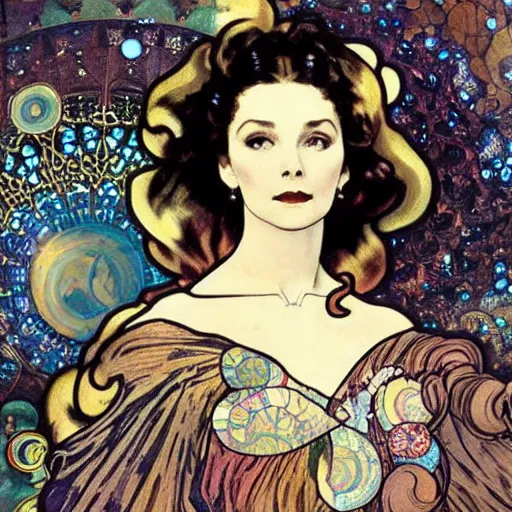 Image similar to vivien leigh with a spiraling nebula for hair beautiful detailed romantic art nouveau face portrait by alphonse mucha and gustav klimt, hauntingly beautiful refined moody dreamscape