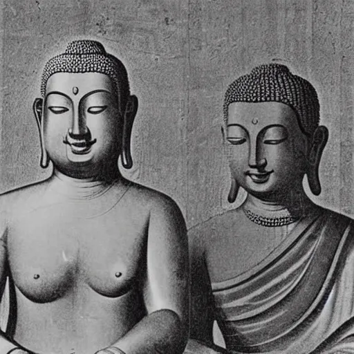 Prompt: Recovered photograph of smiling Gautama Buddha and his wife in 563 BCE. The British Museum Images Photography Collection. Sepia.