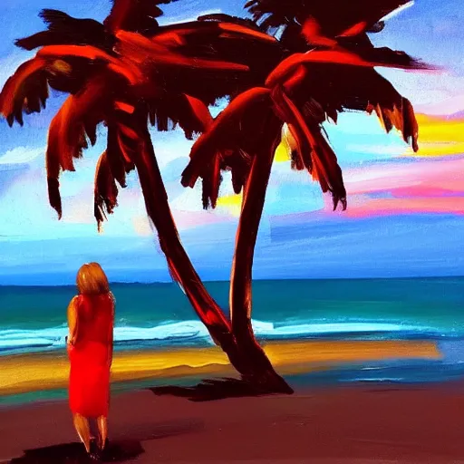 Image similar to a very very small island! beautiful woman!! palm trees, dark very late evening cloudy sunset, dramatic and dynamic lighting, thick brush strokes oil impasto painting