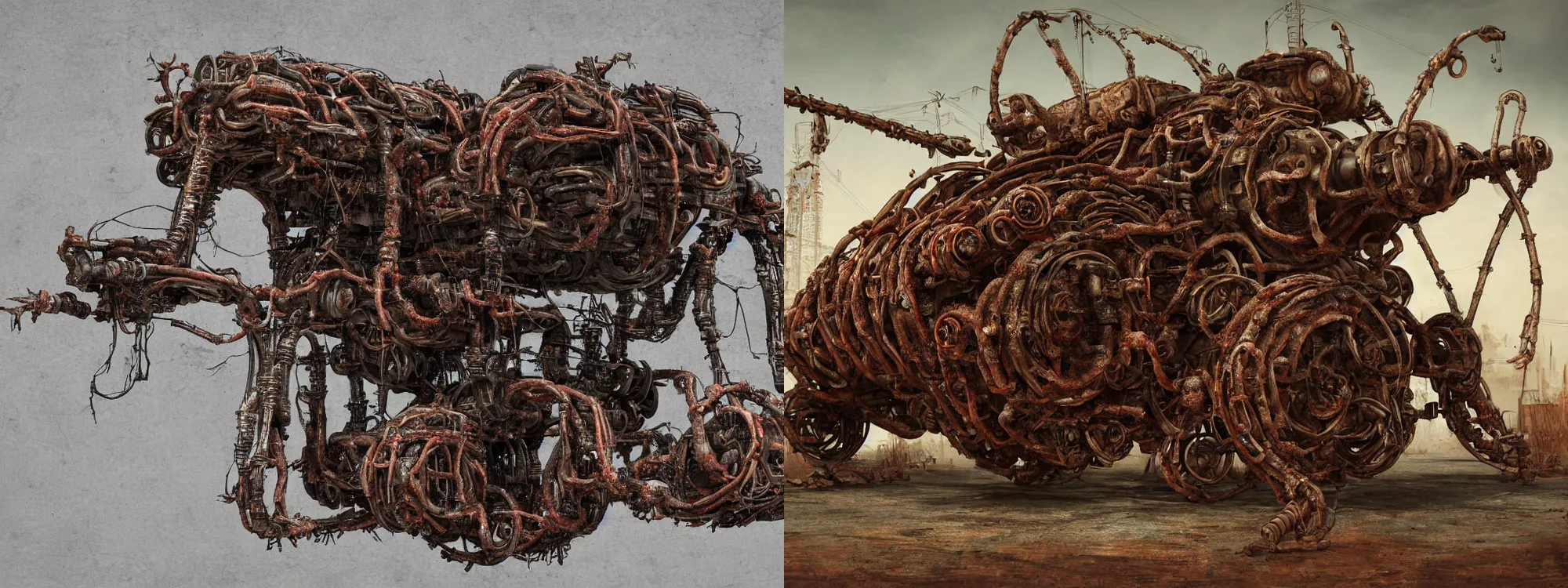 Prompt: Techno-biological rusty caterpillar tank consisting of tumors, meat, veins, bones, guts, kidneys, wires. Biopunk, body-horror, high detail, photorealism, full length view, very rust, concept art, 16k