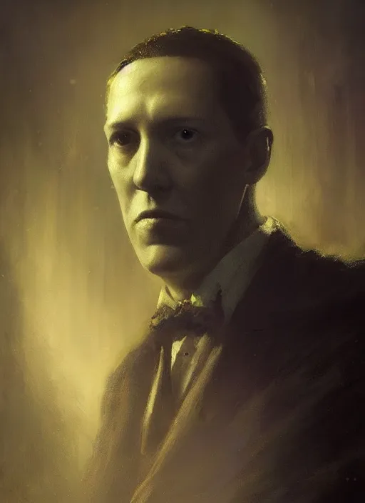 Prompt: highly detailed portrait of h p lovecraft by greg rutkowski, mike mignola, tom bagshaw artgerm and ross tran, beautiful dramatic dark moody lighting, volumetric, cinematic atmosphere, photorealism, glossy magazine painting, global illumination, deep color, 8 k resolution, high details, flickr, dslr, zbrushcentral, cgsociety, artstation