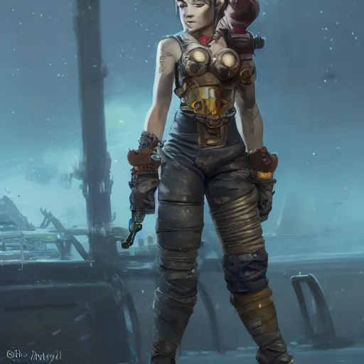 Image similar to Full body portrait of a scrappy female gnome mechanic with pixie undercut hair and one prosthetic metal gauntlet arm standing on a ship deck. In style of Greg Rutkowski and Yoji Shinkawa and Hyung-tae Kim, trending on ArtStation, dark fantasy, great composition, concept art, highly detailed