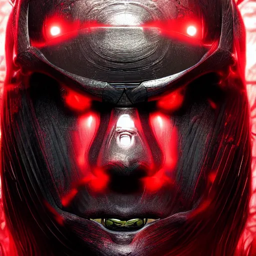 Image similar to a vivid portrait of a predator samurai, trending on artstation, scary, intimidating, dark, unreal engine, studio lighting, black and red color scheme