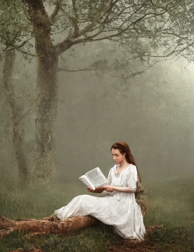 Image similar to peasant Girl in white reading a book sitting on a tree in a foggy forest, Cinematic focus, Polaroid photo, vintage, neutral colors, soft lights, by Steve Hanks, by Serov Valentin, by lisa yuskavage, by Andrei Tarkovsky 8k render, detailed, oil on canvas