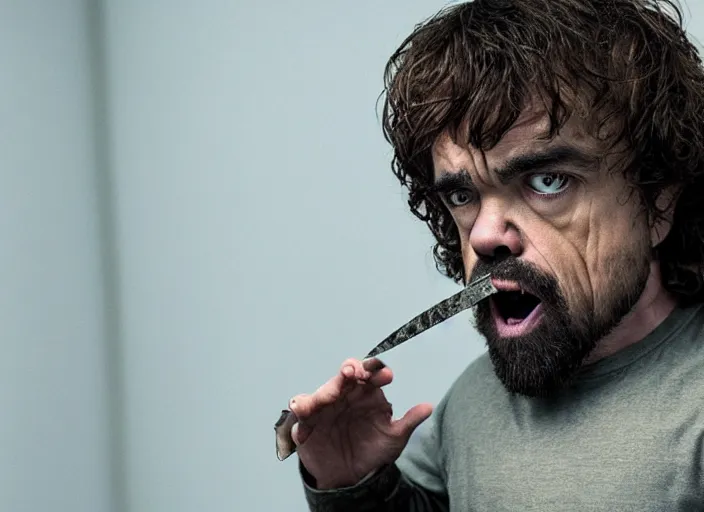 Prompt: peter dinklage knife in mouth running, movie still, from the new scream movie, 8 k, realistic