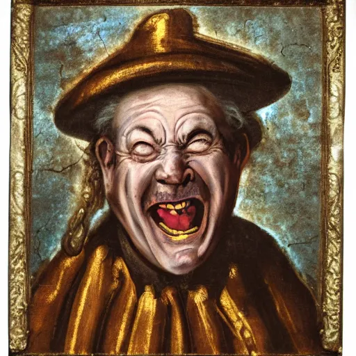 Image similar to baroque portrait of a old fantasy priest, unwashed, laughing, glowing eyes, crazed