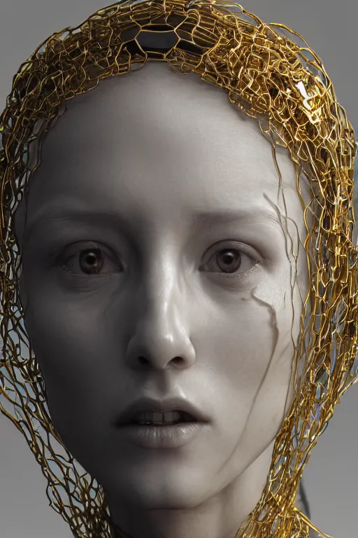 Prompt: Cinestill of A heartbreaking realistic 8k Bernini Sculpture of a complex robotic human face, liquid simulation background, dramatic lighting, silver gold red details, hexagonal mesh wire, filigree intricate details, cinematic, fleshy musculature, elegant, octane render, 8k post-processing, by Yoshitaka Amano, Daytoner, Greg Tocchini