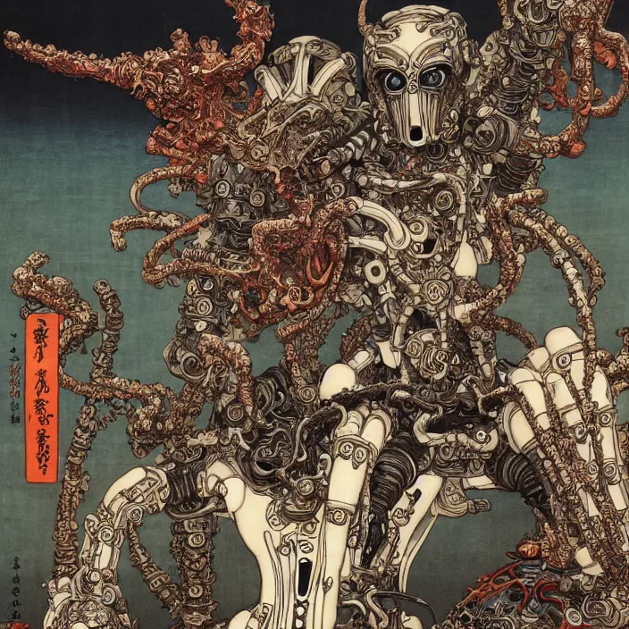 Image similar to still frame from Prometheus by Utagawa Kuniyoshi, lich god Dr doom in ornate bio cybernetic bone armour powered by magic and souls by Wayne Barlowe by peter Mohrbacher by Giger, dressed by Alexander McQueen and by Neri Oxman, metal couture hate couture editorial