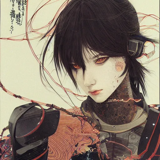 Image similar to a beautiful ukiyo painting of cyberpunk woman, wearing space techwear, detailed symmetrical close up portrait, intricate complexity, by takato yamamoto, wlop, krenz cushart. cinematic dramatic atmosphere, sharp focus