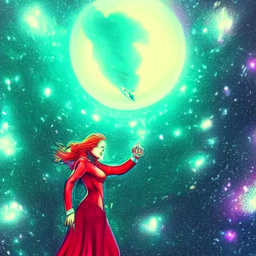 Prompt: a beautiful Scarlett witch, floating in space, neon, stars, galaxy, HDR, dreamscape, dramatic lighting, fantasy art illustration, trending on artstation, Aetherpunk