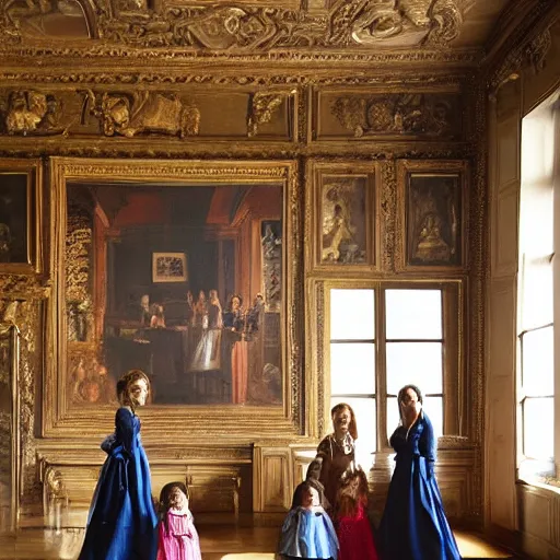 Prompt: super quality family portrait in the main room of the castle painted in 1 6 5 6, dark room, one point of light coming through the window inspired by las meninas, clear spaces between each subject and good detail and realistic eyes, faces for each person in the canva, inspired by diego velasquez baroque style