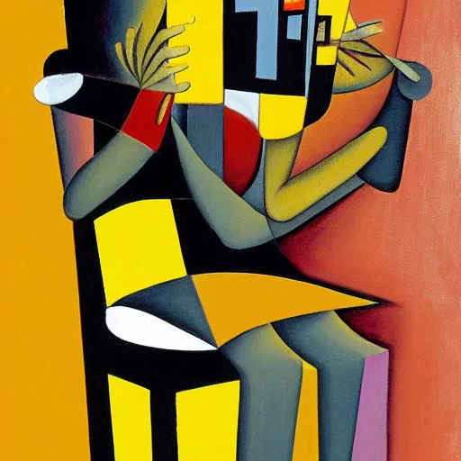 Prompt: A vividly detailed wide angle cubism painting of a illusory women sitting on an almost depthless flat chair with an African mask on her face looking angry, muted browns, yellows and blacks, digital art