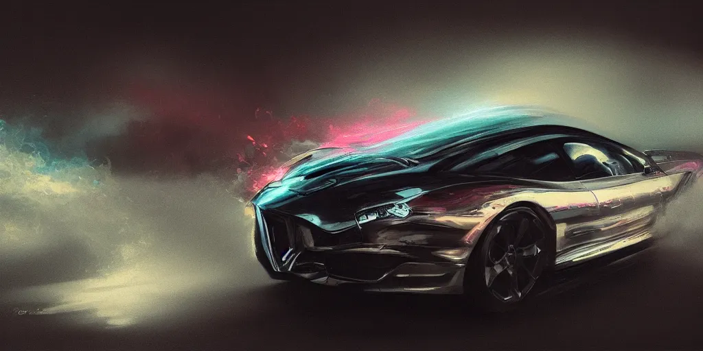 Prompt: full view of a single sport car, surrounded in a detailed smoke, driver leaning on the car, busy wet street at night, painted in dark color holographic pearlescent, elegant, digital painting, concept art, smooth, sharp focus, art style from Wang Ke and Greg Rutkowski and Bruce Kaiser and Scott Robertson and Dmitry Mazurkevich and Doruk Erdem and Jon Sibal, small style cue from Mad Max