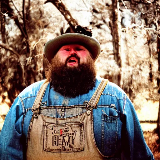 Image similar to obese redneck man with long beard wearing dirty and tattered overalls shirt, close up, kodak gold 2 0 0,