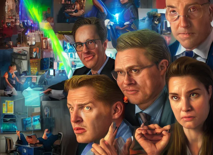 Prompt: ( ( ( hyperrealist comic book styled portrait painting of the office cast ) ) ) by mike campau and matt stewart, fantasy, photorealistic, octane render, vibrant colors, unreal engine, dynamic lighting, perfect factions, very detailed faces, trending on artstation, poster, volumetric lighting, 4 k, award winning