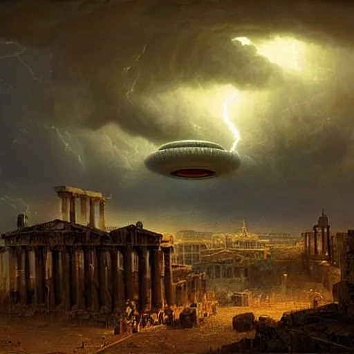 Prompt: a giant ufo is breaking through clouds with thunder lightnings, hovering over an ancient greek city, cold lights, cloudy day, hyperdetailed, by greg rutkowski, by albert bierstadt