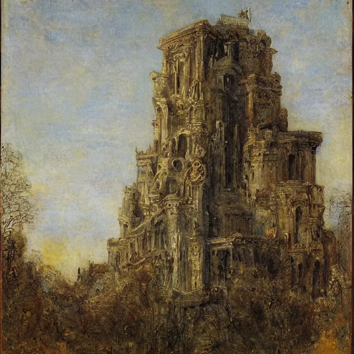 Image similar to a building in a landscape, by gustave moreau