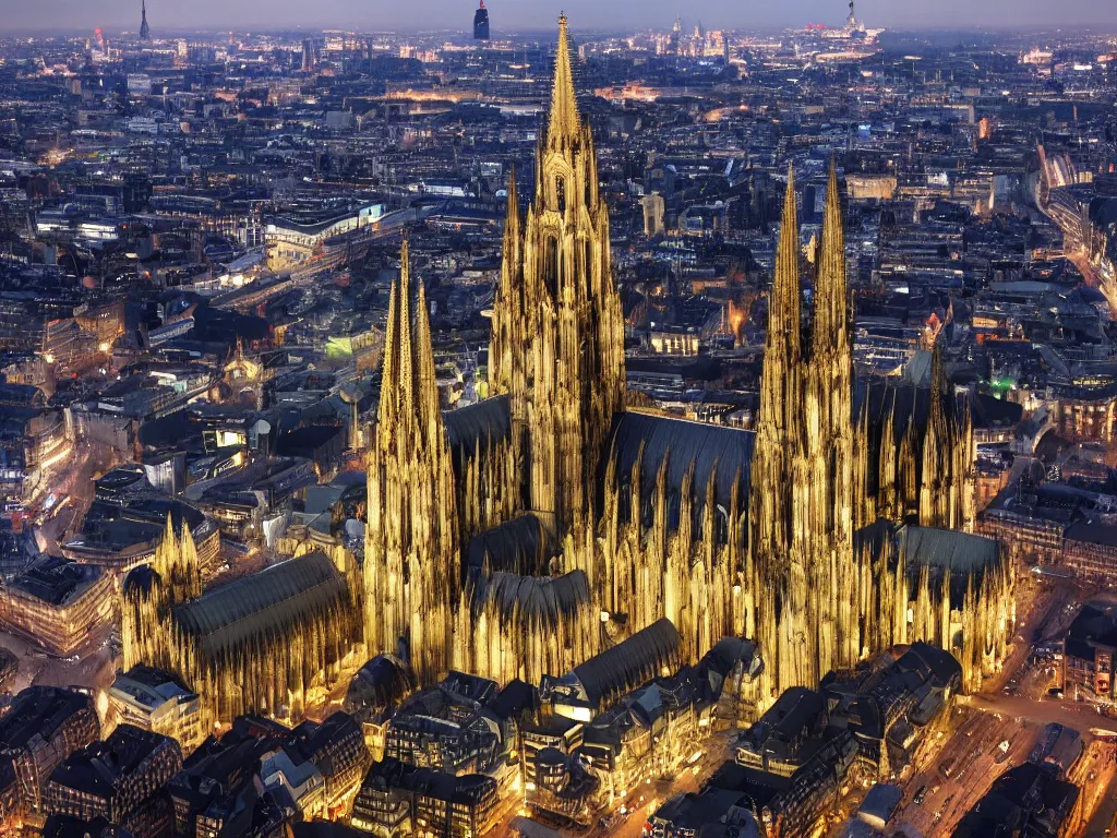 Image similar to cologne cathedral sourrounded by city, birds eye view, night, landscape, sky, volumetric lighting, 8 k octane beautifully detailed render, post - processing, extremely hyper - detailed, intricate, epic composition, intricate, trending on artstation, stunning art by frazetta, wonderful masterpiece by karine villette