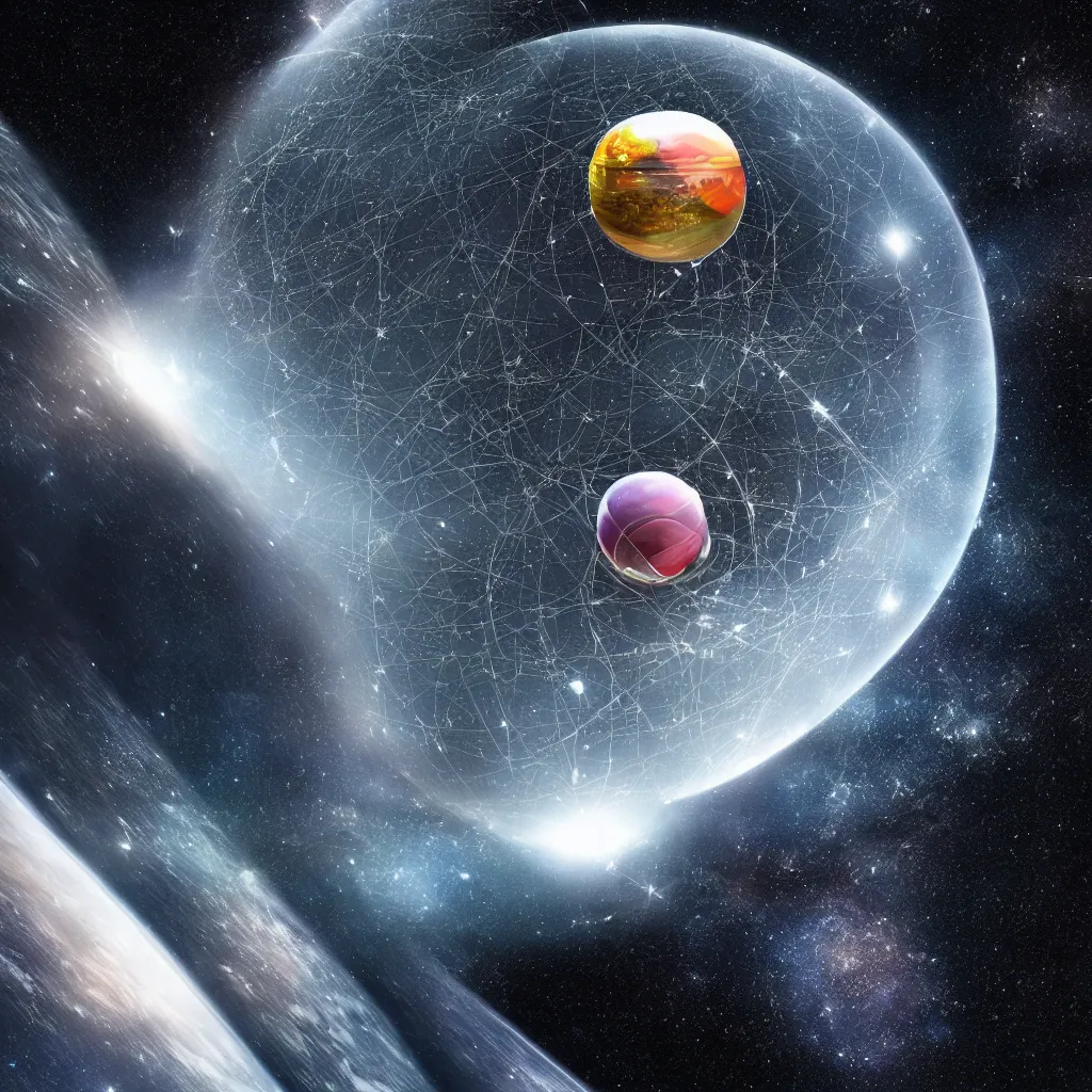 Image similar to an enormous transparent spherical capsule in the middle of outer space, digital art