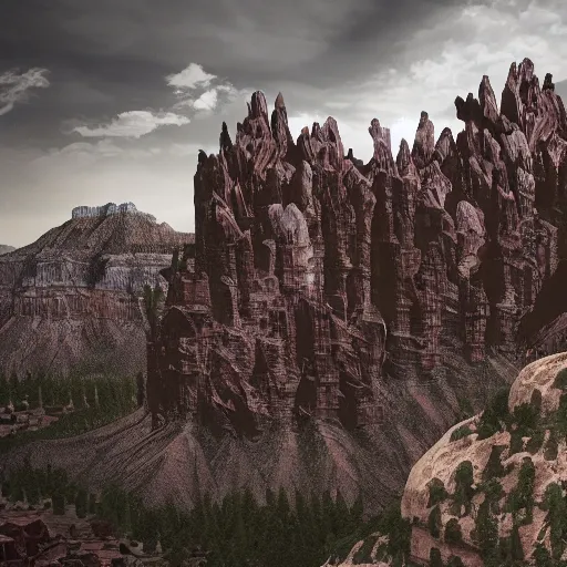 Image similar to dark gothic palace made of rock with tall spires, bristlecone pine trees, grand canyon, ultrawide cinematic 3d render, dark dramatic skies, atmospheric, vultures