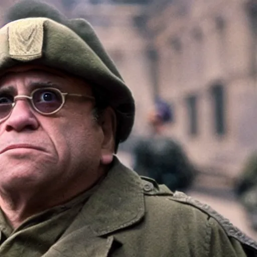 Prompt: Danny Devito as a soldier in a movie directed by Christopher Nolan, movie still frame, promotional image, imax 70 mm footage