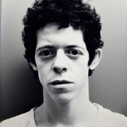 Image similar to Mugshot Portrait of Young Lou Reed, taken in the 1970s, photo taken on a 1970s polaroid camera, grainy, real life, hyperrealistic, ultra realistic, realistic, highly detailed, epic, HD quality, 8k resolution, body and headshot, film still, front facing, front view, headshot and bodyshot, detailed face, very detailed face