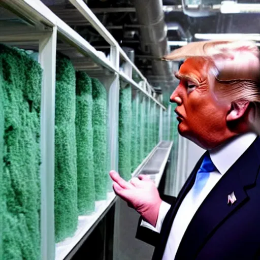 Image similar to donald trump inspecting quality of soap in a soap factory