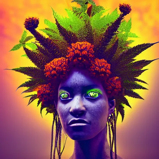 Image similar to female african marijuanna! shaman with an afro made of flowers, third eye art art by machina infinitum, complexity from simplicity, rendered in octane, mandelbulb 3 d, ambient occlusion, macro photography, felt!!! texture, tribal, neon! retrowave