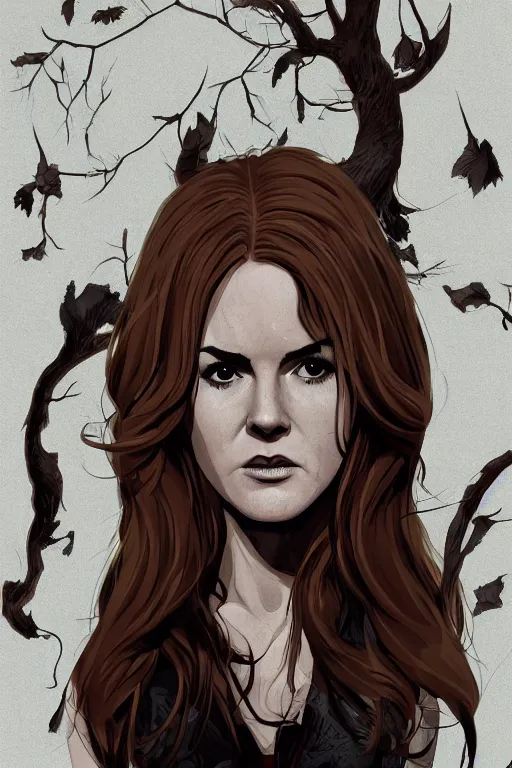 Image similar to isla fisher in sleepy hollow, full body, big two toned eyes, teeth gritted, horror, intricate details, cinematic, epic, realistic, anatomy, tomer hanuka, uplight, artstation, photorealistic, scary