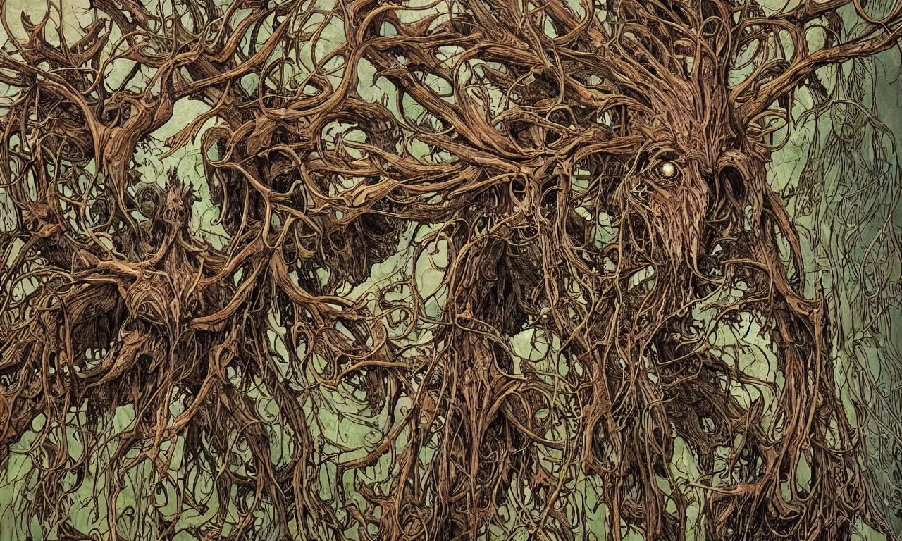 Image similar to hyperdetailed art nouveau portrait of treebeard as a cthulhu eyeball moose skull wendigo cryptid monster, by geof darrow, simon bisley and bill sienkiewicz, grim yet sparkling atmosphere, photorealism, claws, skeleton, antlers, fangs, forest, wild, crazy, horror, lynn varley, lovern kindzierski, steve oliff