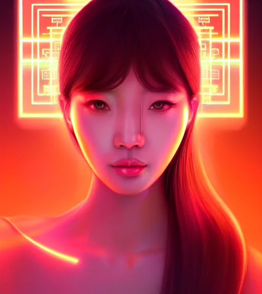 Image similar to symmetry!! asian princess of technology, solid cube of light, hard edges, product render retro - futuristic poster scifi, lasers and neon circuits, beautiful asian princess, intricate, elegant, highly detailed, digital painting, artstation, concept art, smooth, sharp focus, illustration, dreamlike, art by artgerm